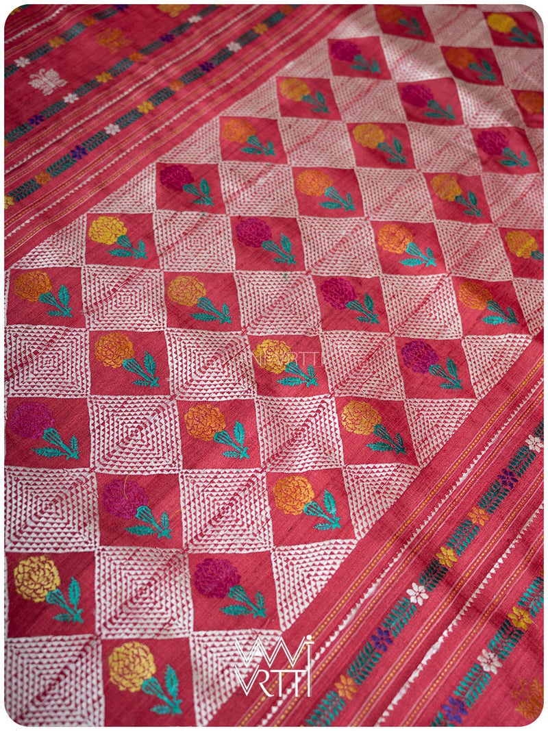 Red Mustard Rust Marigold Wild Garden Master Weave Exclusive Handspun Tussar Silk Saree