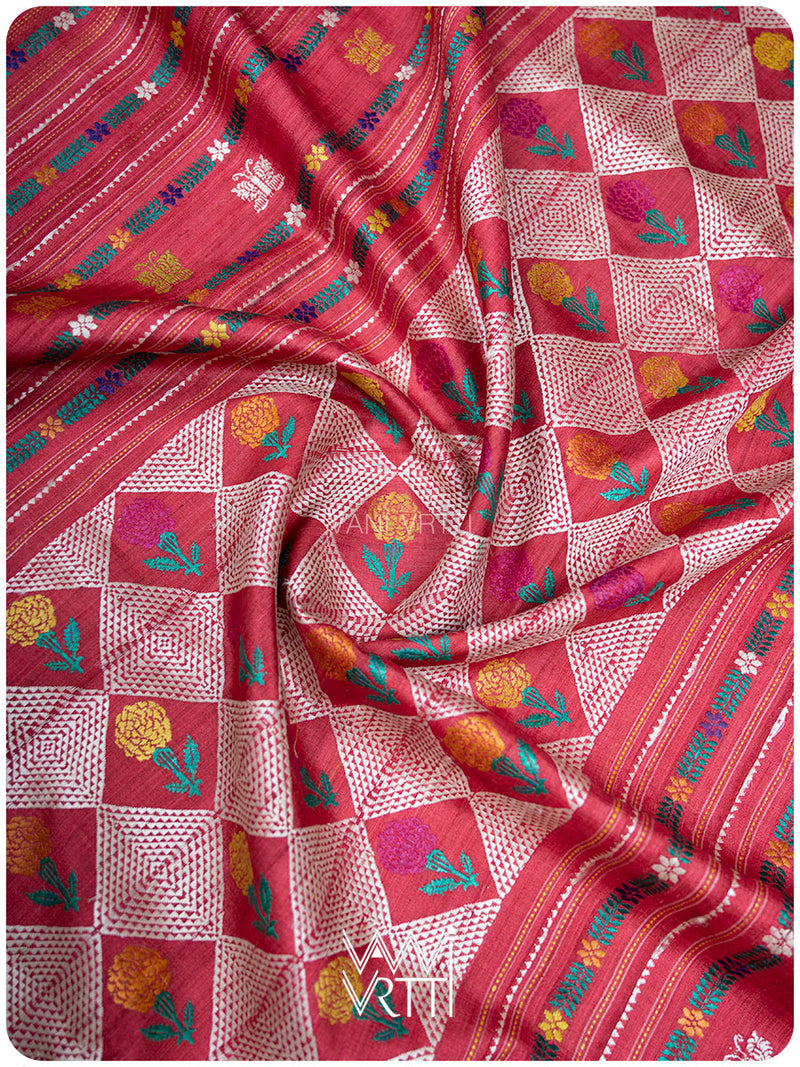 Red Mustard Rust Marigold Wild Garden Master Weave Exclusive Handspun Tussar Silk Saree