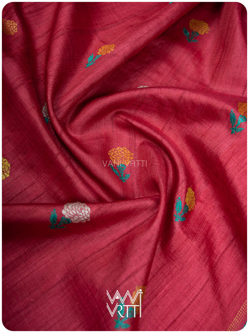 Red Mustard Rust Marigold Wild Garden Master Weave Exclusive Handspun Tussar Silk Saree