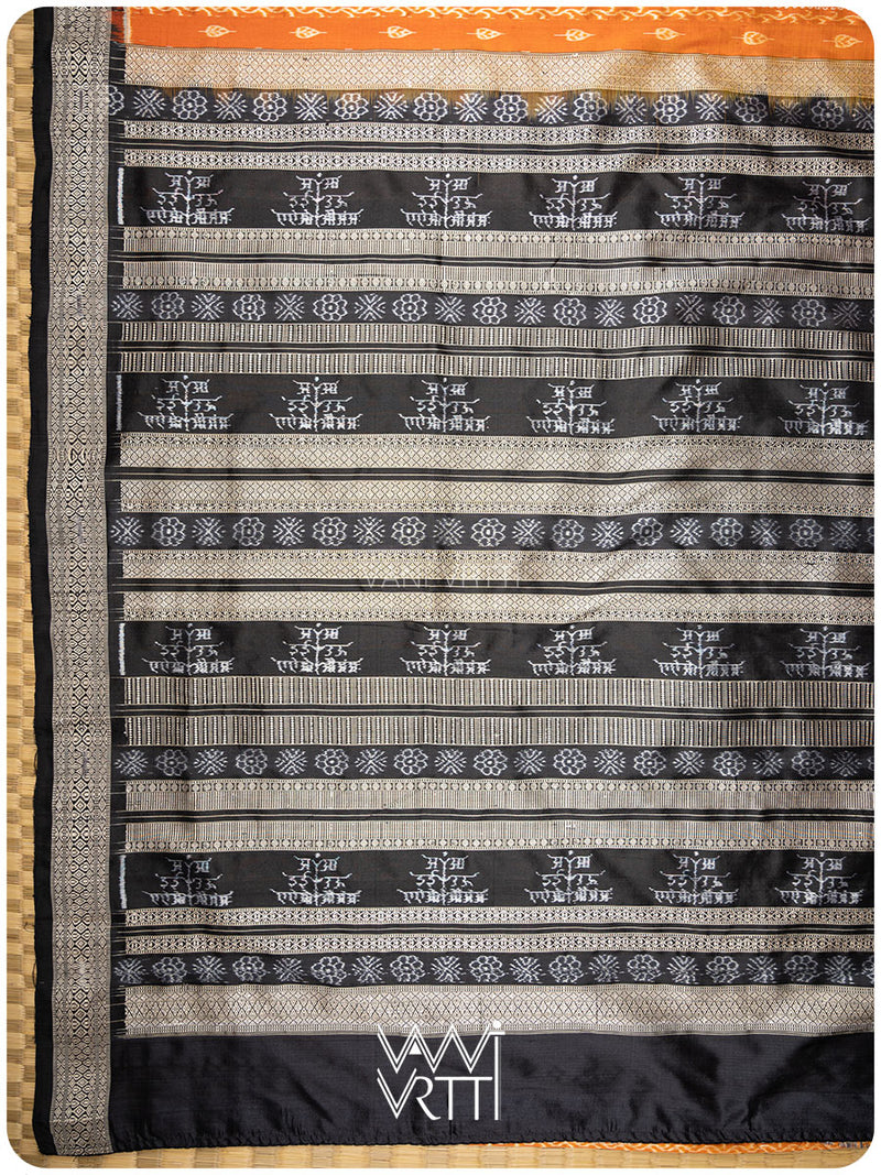 Peepal Narangi Black Prakritik Madder, Haldi & Iron Rust Natural Dyed Mulberry Silk Ikat Saree