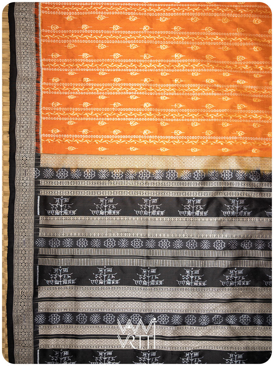 Peepal Narangi Black Prakritik Madder, Haldi & Iron Rust Natural Dyed Mulberry Silk Ikat Saree