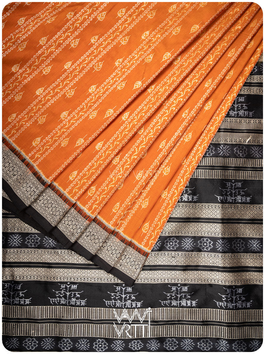 Peepal Narangi Black Prakritik Madder, Haldi & Iron Rust Natural Dyed Mulberry Silk Ikat Saree