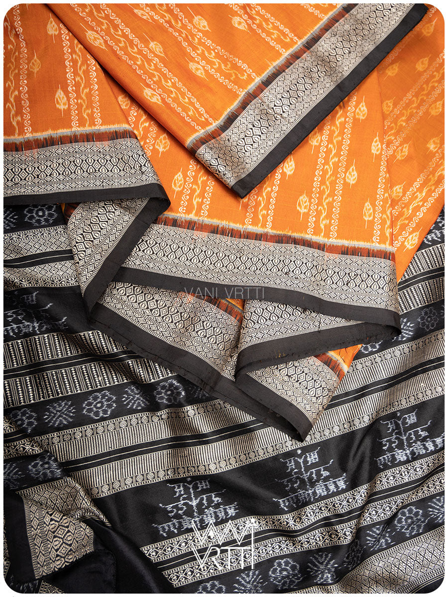 Peepal Narangi Black Prakritik Madder, Haldi & Iron Rust Natural Dyed Mulberry Silk Ikat Saree