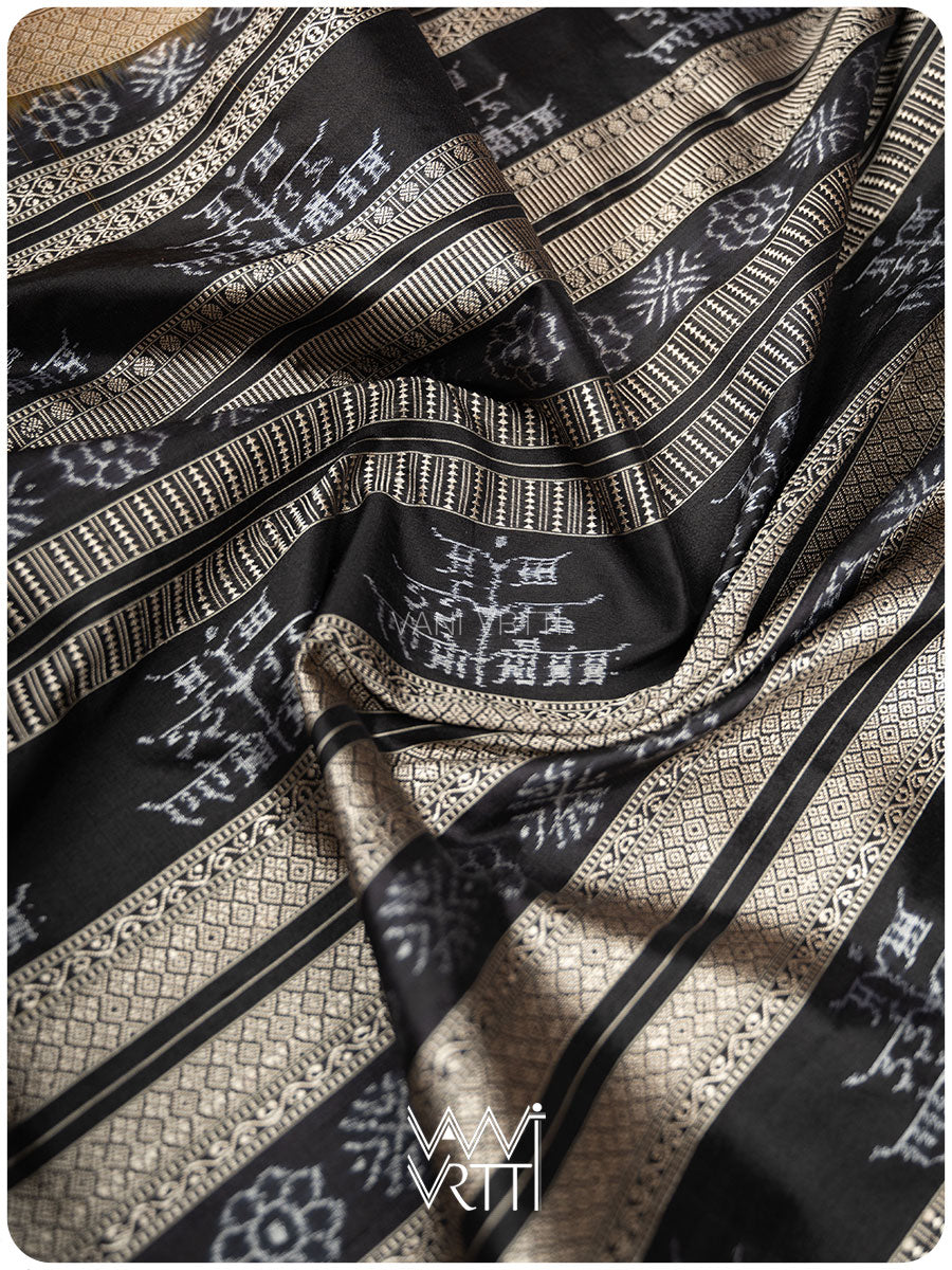 Peepal Narangi Black Prakritik Madder, Haldi & Iron Rust Natural Dyed Mulberry Silk Ikat Saree