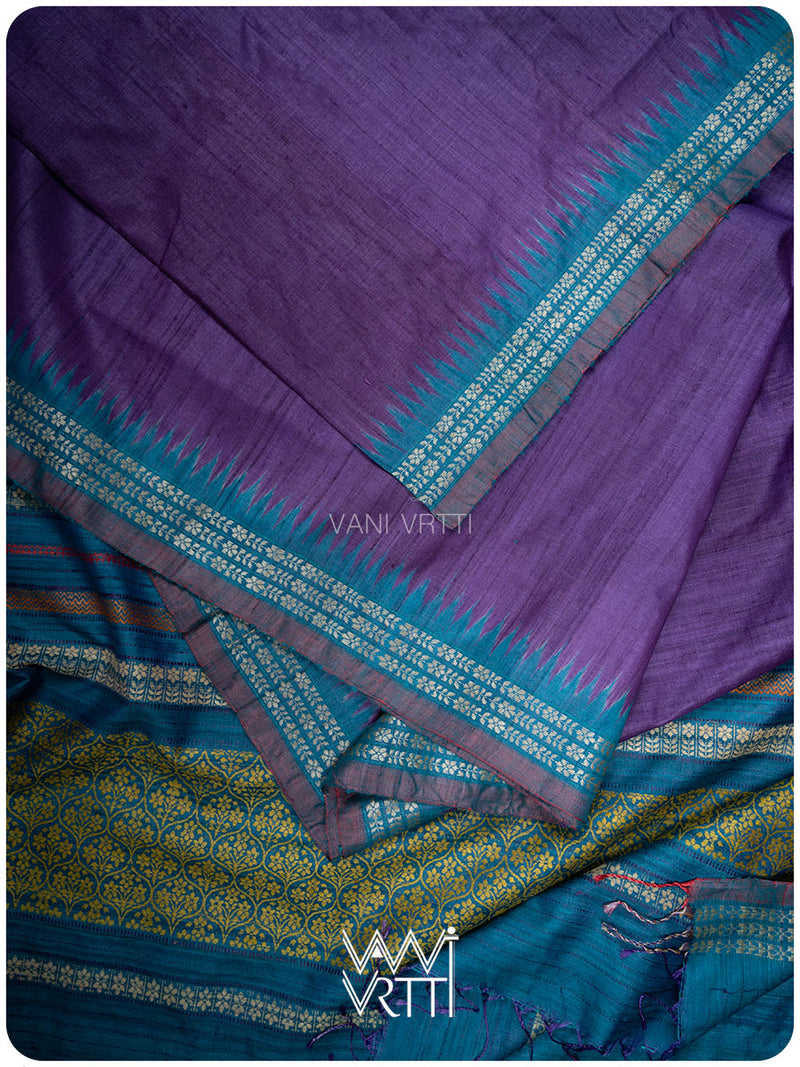 Baingani Firozi Parijat Handspun Tussar Silk Saree