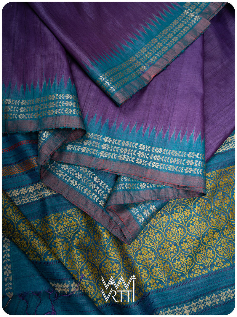 Baingani Firozi Parijat Handspun Tussar Silk Saree
