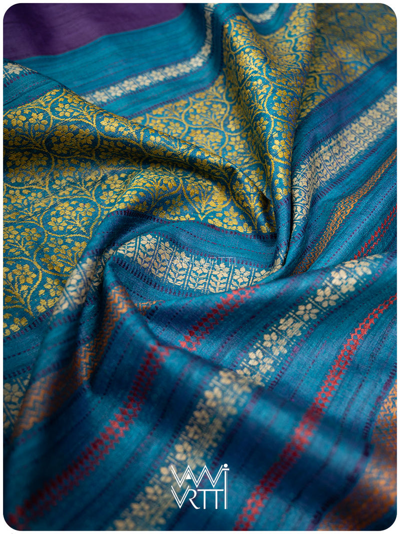 Baingani Firozi Parijat Handspun Tussar Silk Saree