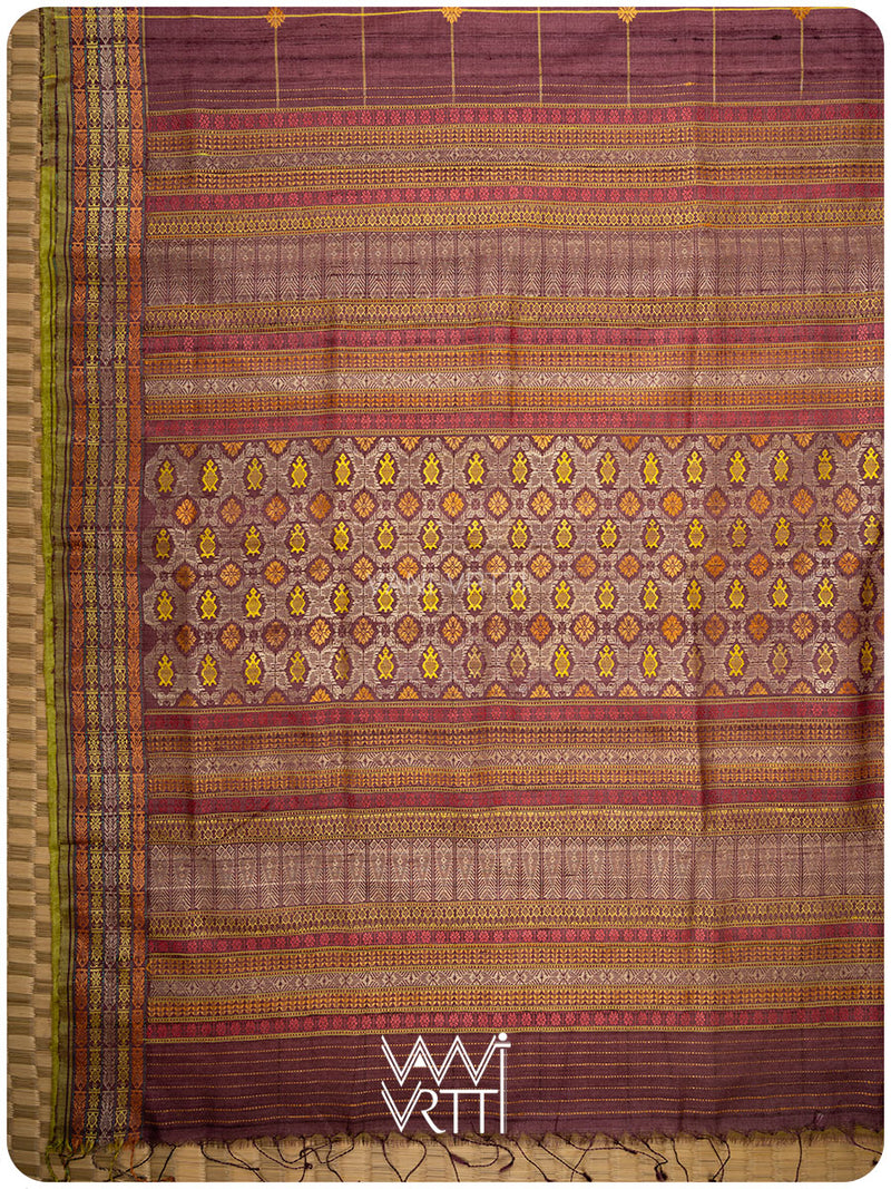 Coffee Brown Matsya Kachhap Checks Handspun Tussar Silk Saree