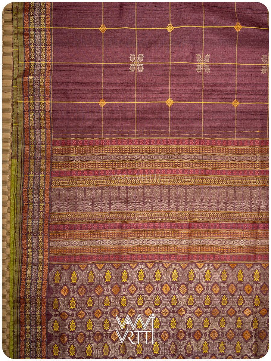 Coffee Brown Matsya Kachhap Checks Handspun Tussar Silk Saree