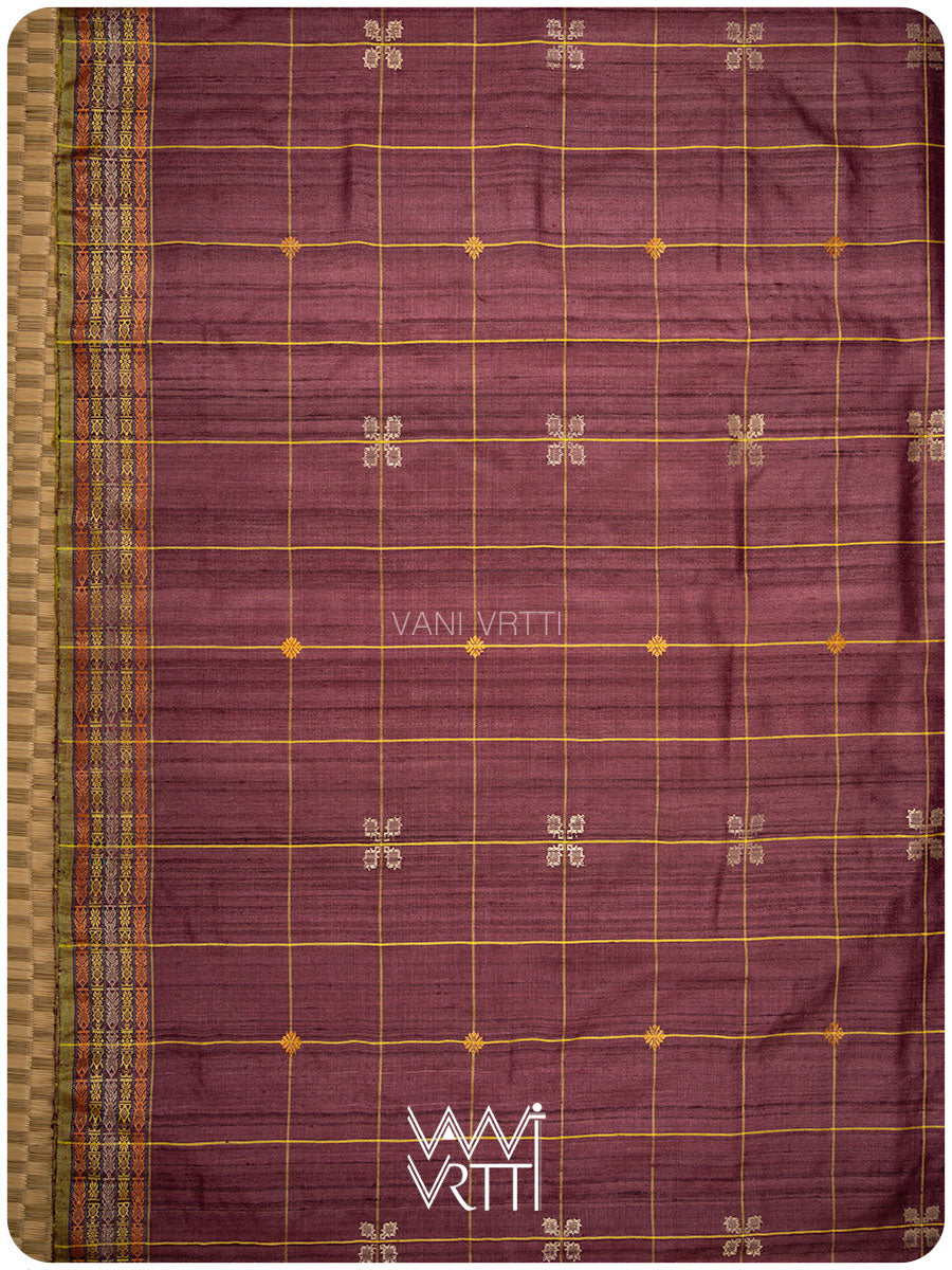 Coffee Brown Matsya Kachhap Checks Handspun Tussar Silk Saree