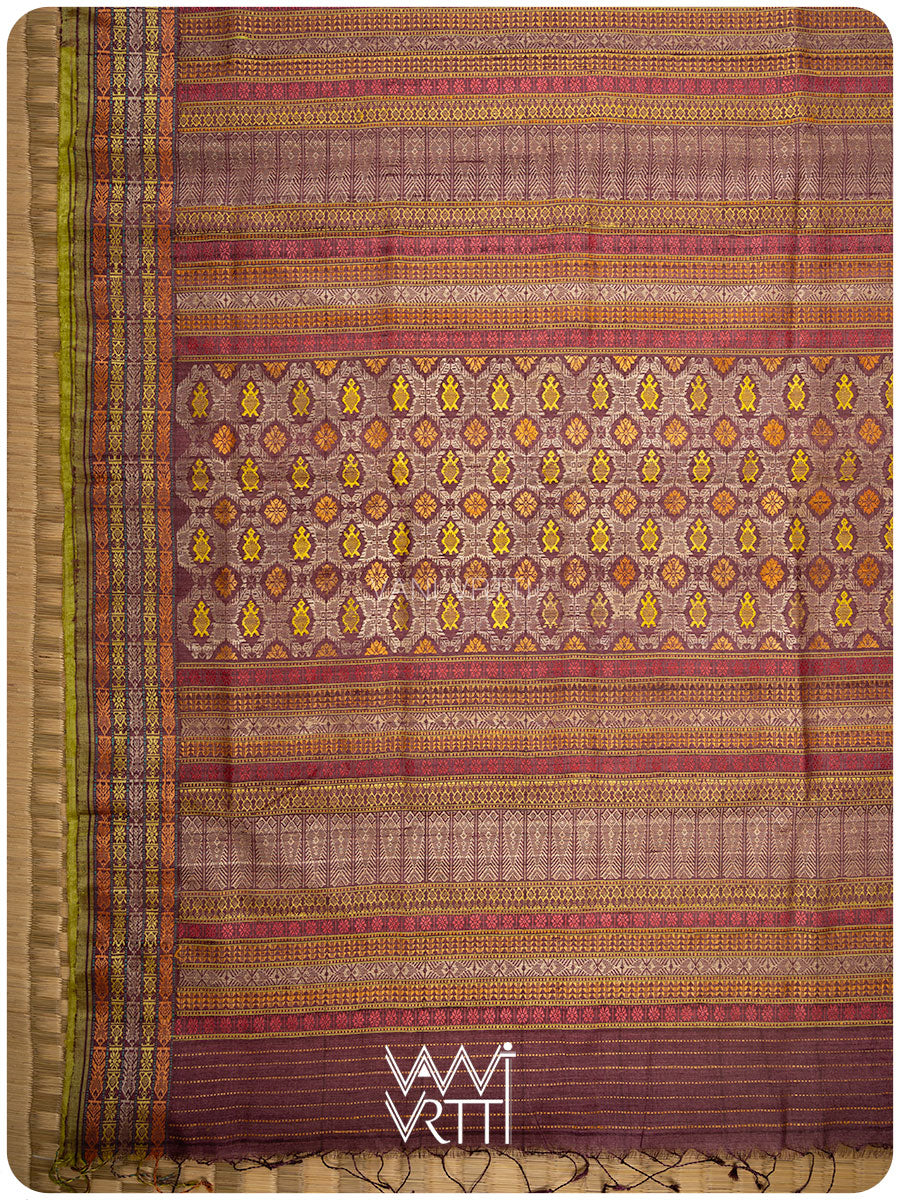 Coffee Brown Matsya Kachhap Checks Handspun Tussar Silk Saree