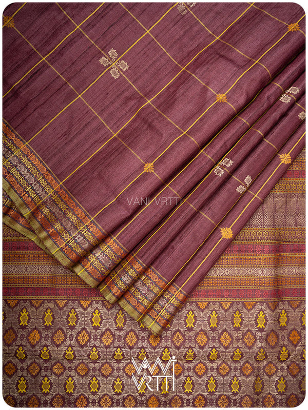 Coffee Brown Matsya Kachhap Checks Handspun Tussar Silk Saree