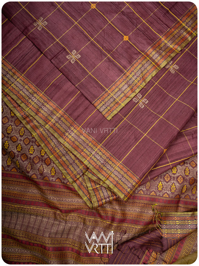 Coffee Brown Matsya Kachhap Checks Handspun Tussar Silk Saree