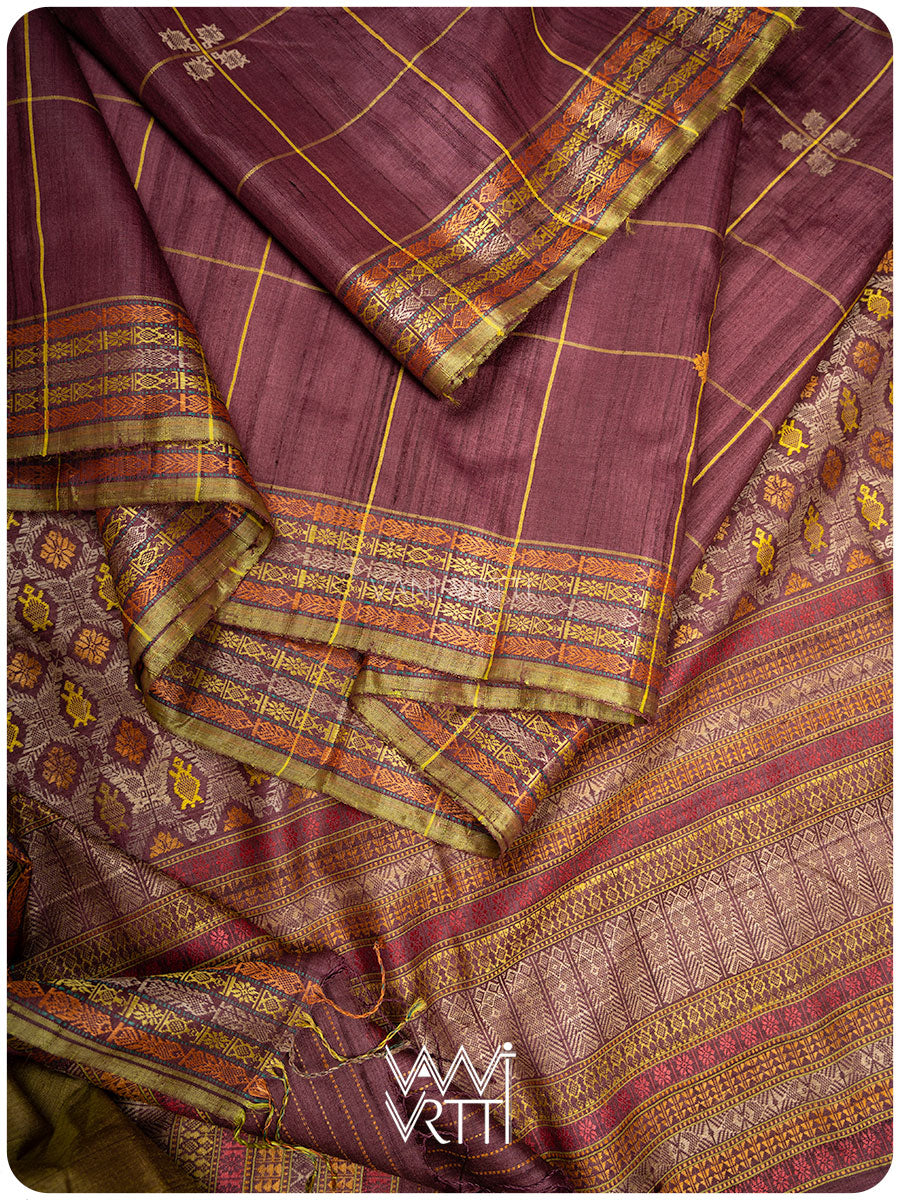 Coffee Brown Matsya Kachhap Checks Handspun Tussar Silk Saree