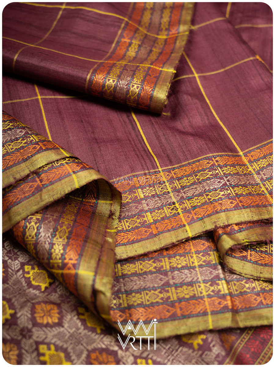 Coffee Brown Matsya Kachhap Checks Handspun Tussar Silk Saree