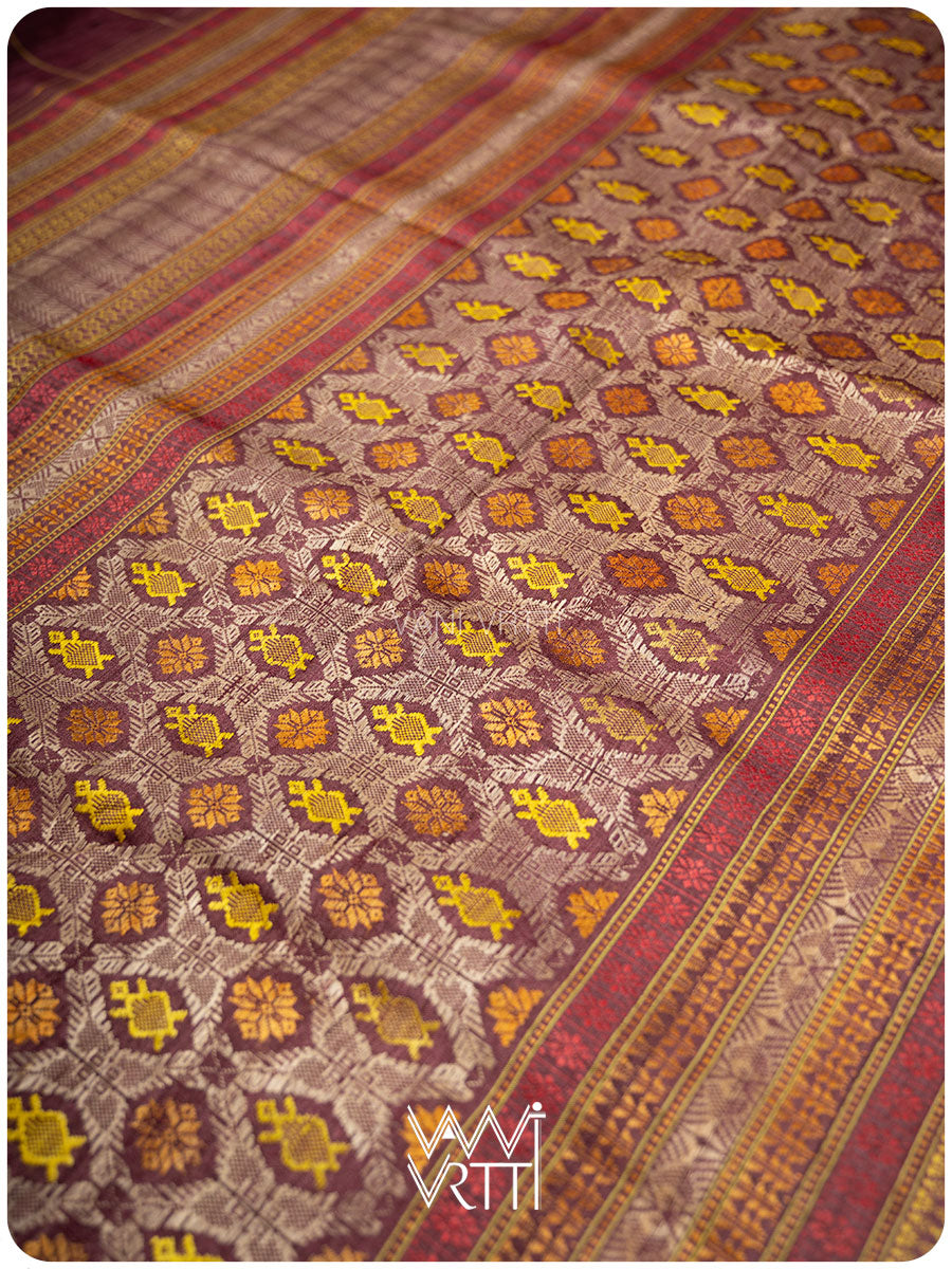 Coffee Brown Matsya Kachhap Checks Handspun Tussar Silk Saree