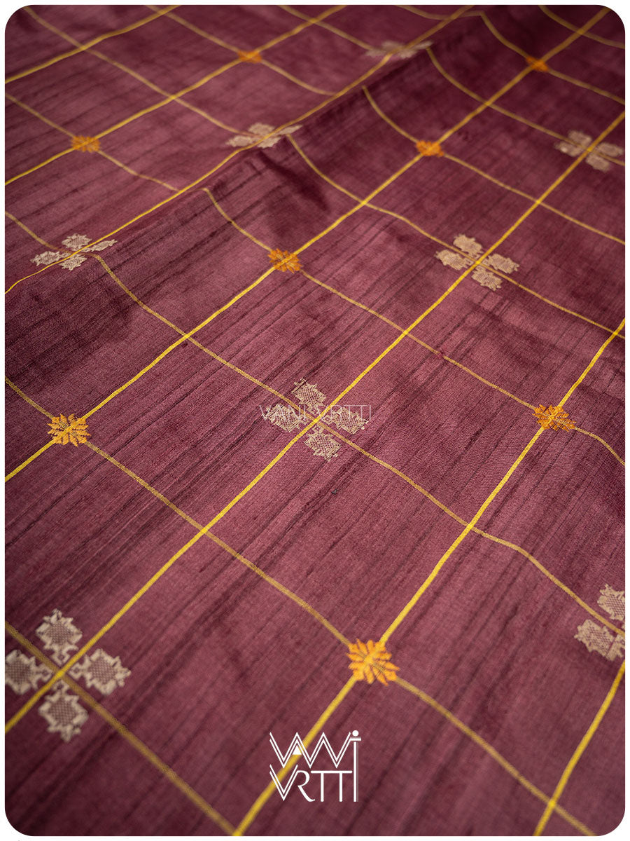 Coffee Brown Matsya Kachhap Checks Handspun Tussar Silk Saree