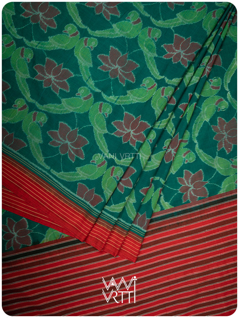 Green Red Lotus Parrot Fine Cotton Ikat Saree