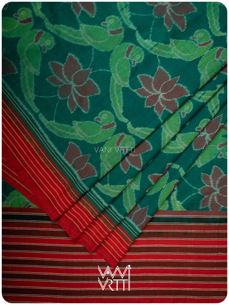 Green Red Lotus Parrot Fine Cotton Ikat Saree