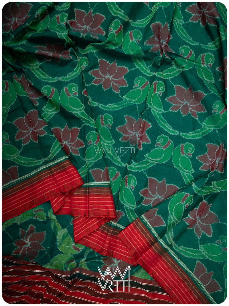 Green Red Lotus Parrot Fine Cotton Ikat Saree