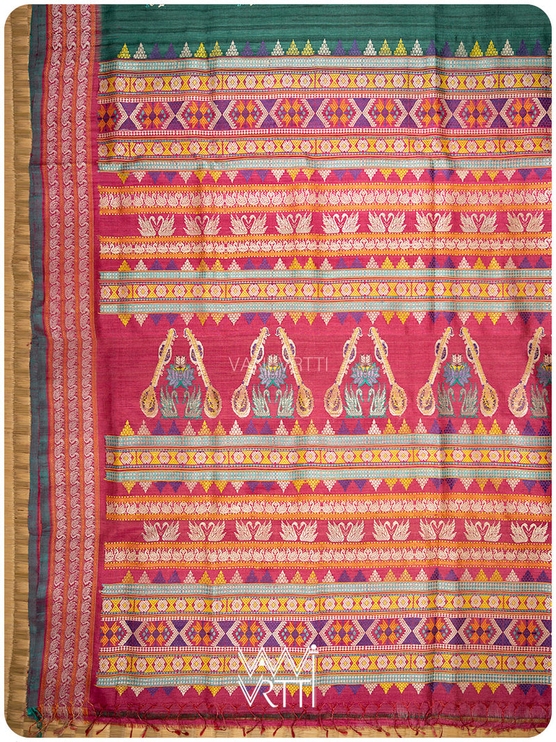 Emerald Green Pink Veena Pani Lata Master Weave Exclusive Handspun Tussar Silk Saree