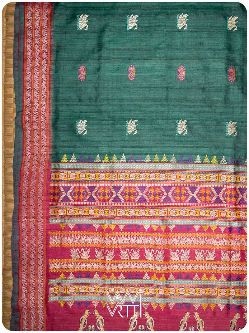 Emerald Green Pink Veena Pani Lata Master Weave Exclusive Handspun Tussar Silk Saree