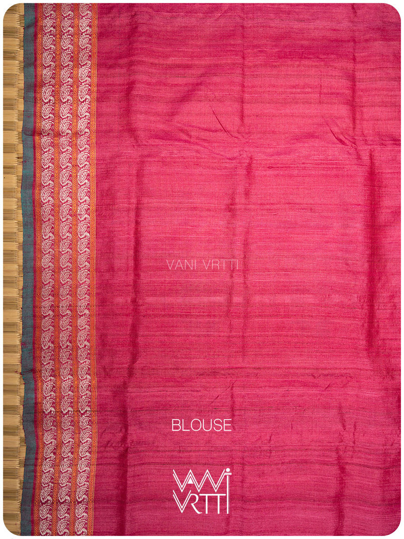 Emerald Green Pink Veena Pani Lata Master Weave Exclusive Handspun Tussar Silk Saree