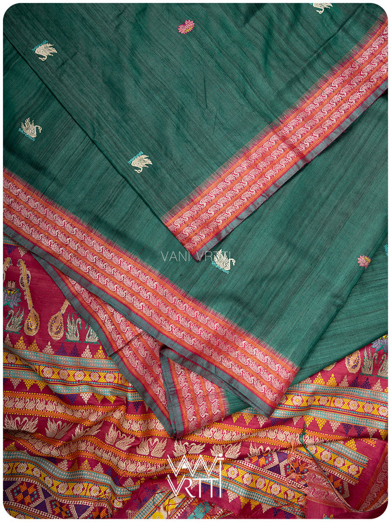 Emerald Green Pink Veena Pani Lata Master Weave Exclusive Handspun Tussar Silk Saree