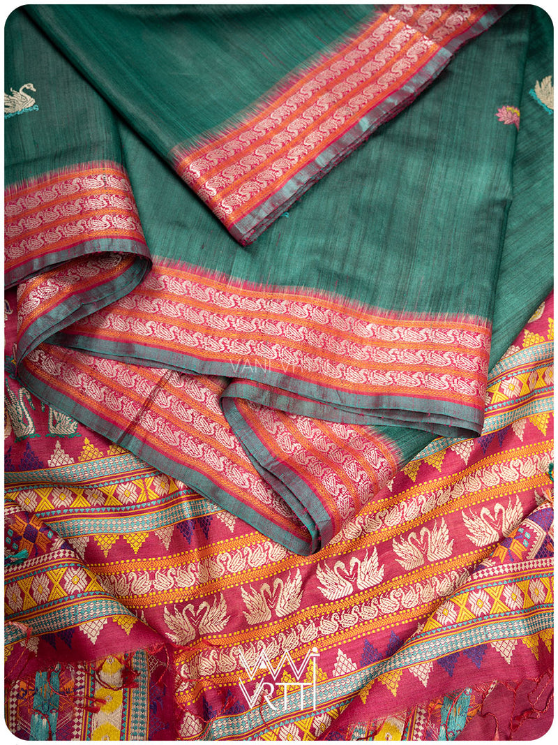 Emerald Green Pink Veena Pani Lata Master Weave Exclusive Handspun Tussar Silk Saree