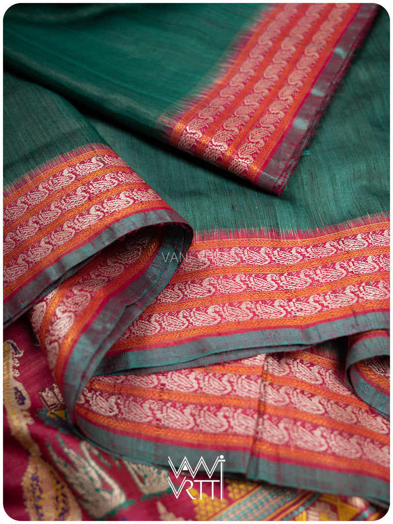 Emerald Green Pink Veena Pani Lata Master Weave Exclusive Handspun Tussar Silk Saree