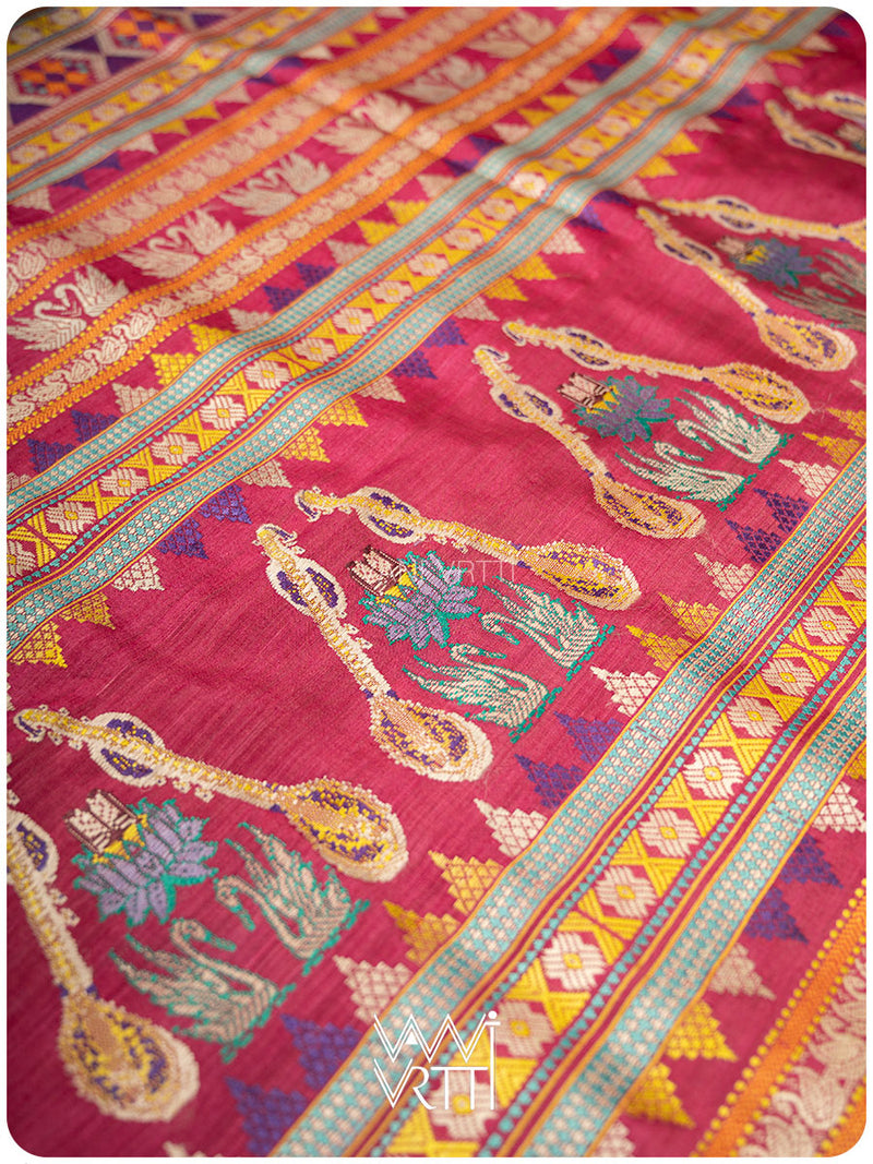 Emerald Green Pink Veena Pani Lata Master Weave Exclusive Handspun Tussar Silk Saree