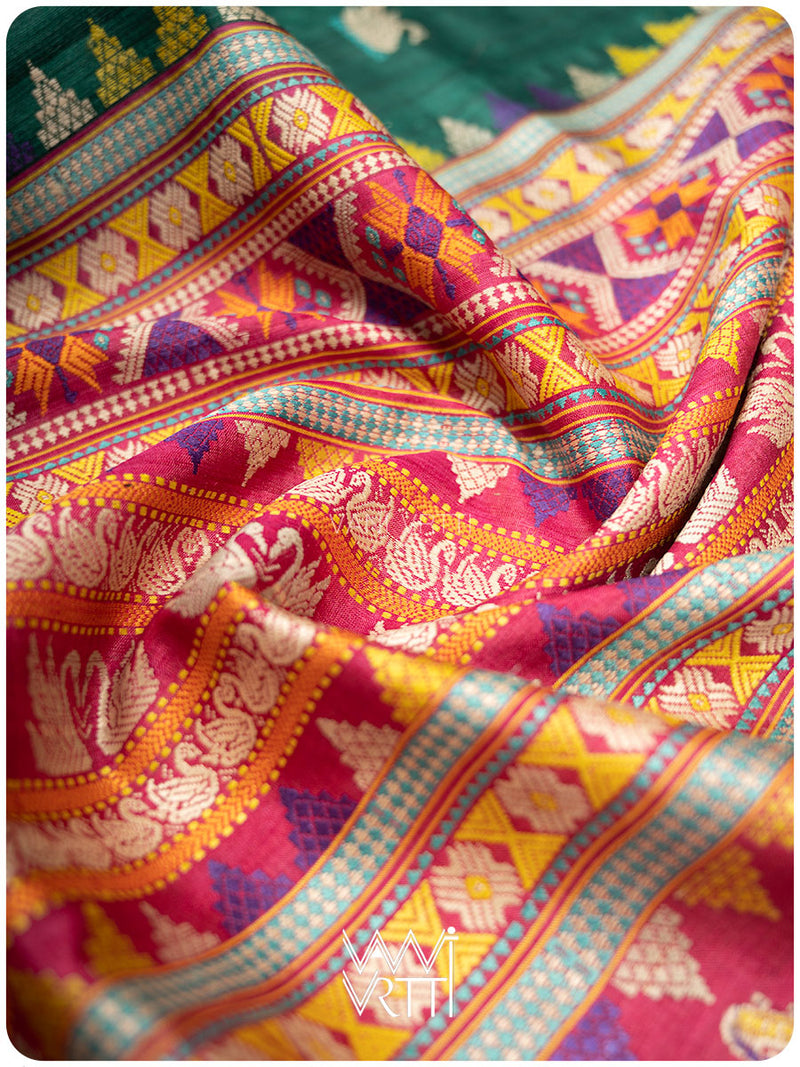 Emerald Green Pink Veena Pani Lata Master Weave Exclusive Handspun Tussar Silk Saree