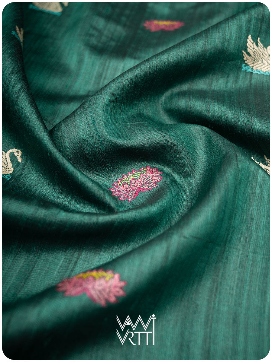 Emerald Green Pink Veena Pani Lata Master Weave Exclusive Handspun Tussar Silk Saree