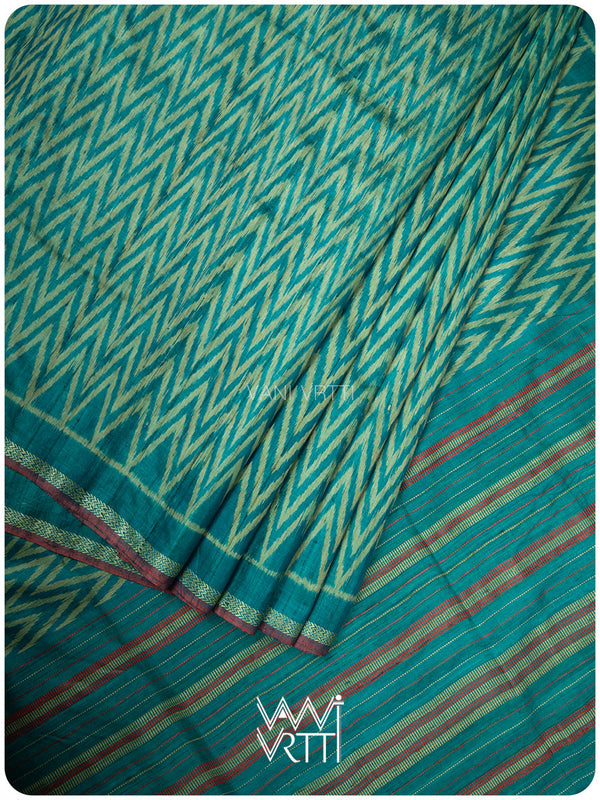 Firozi Blue Aziz Ikat Handspun Tussar Silk Saree