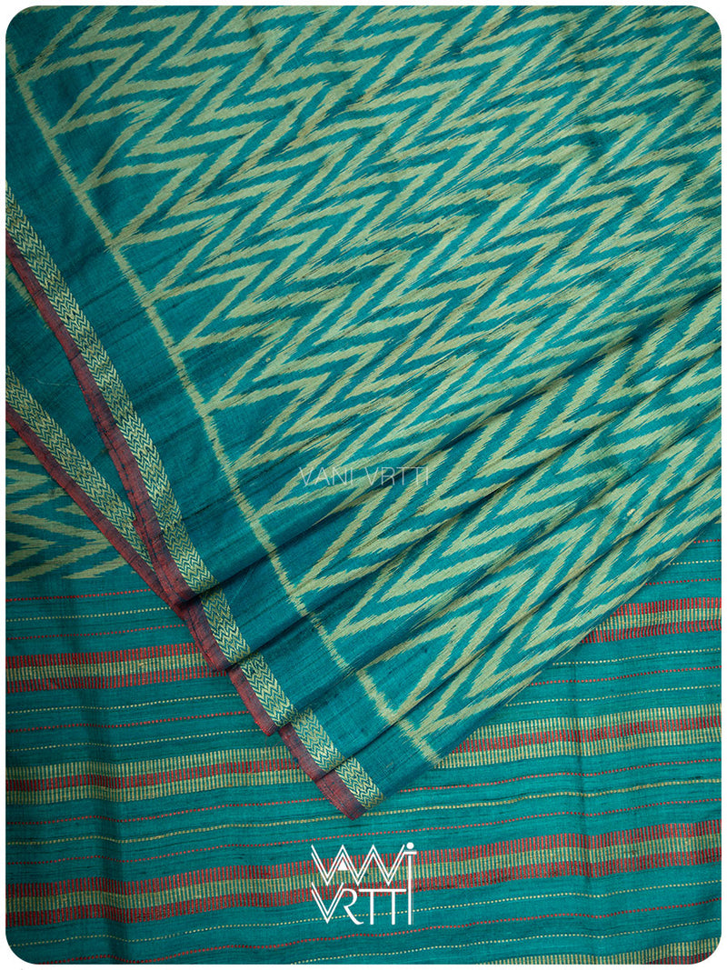Firozi Blue Aziz Ikat Handspun Tussar Silk Saree
