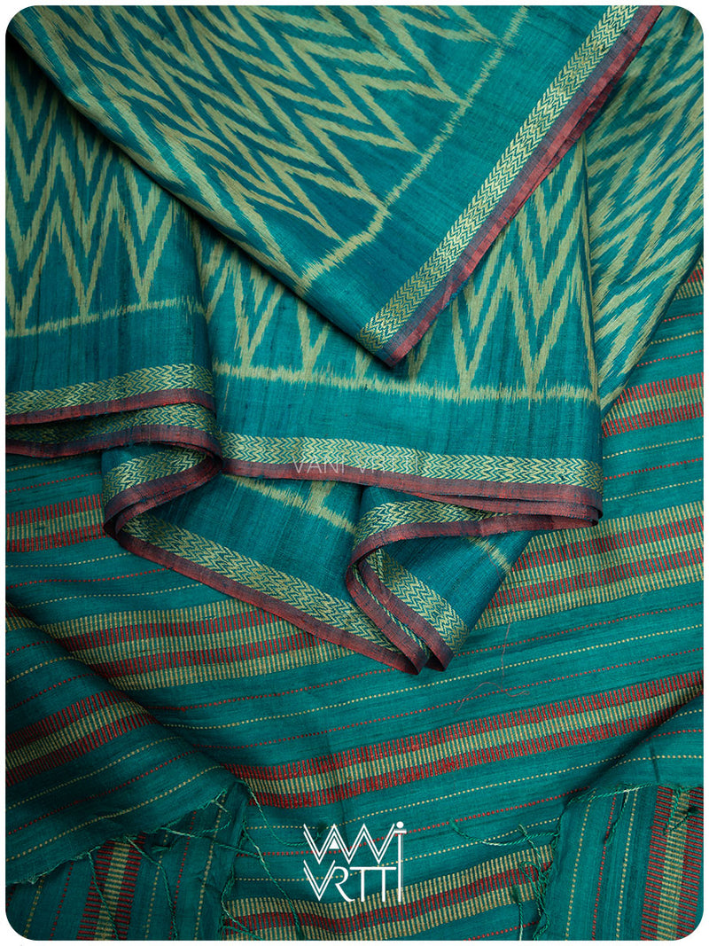 Firozi Blue Aziz Ikat Handspun Tussar Silk Saree