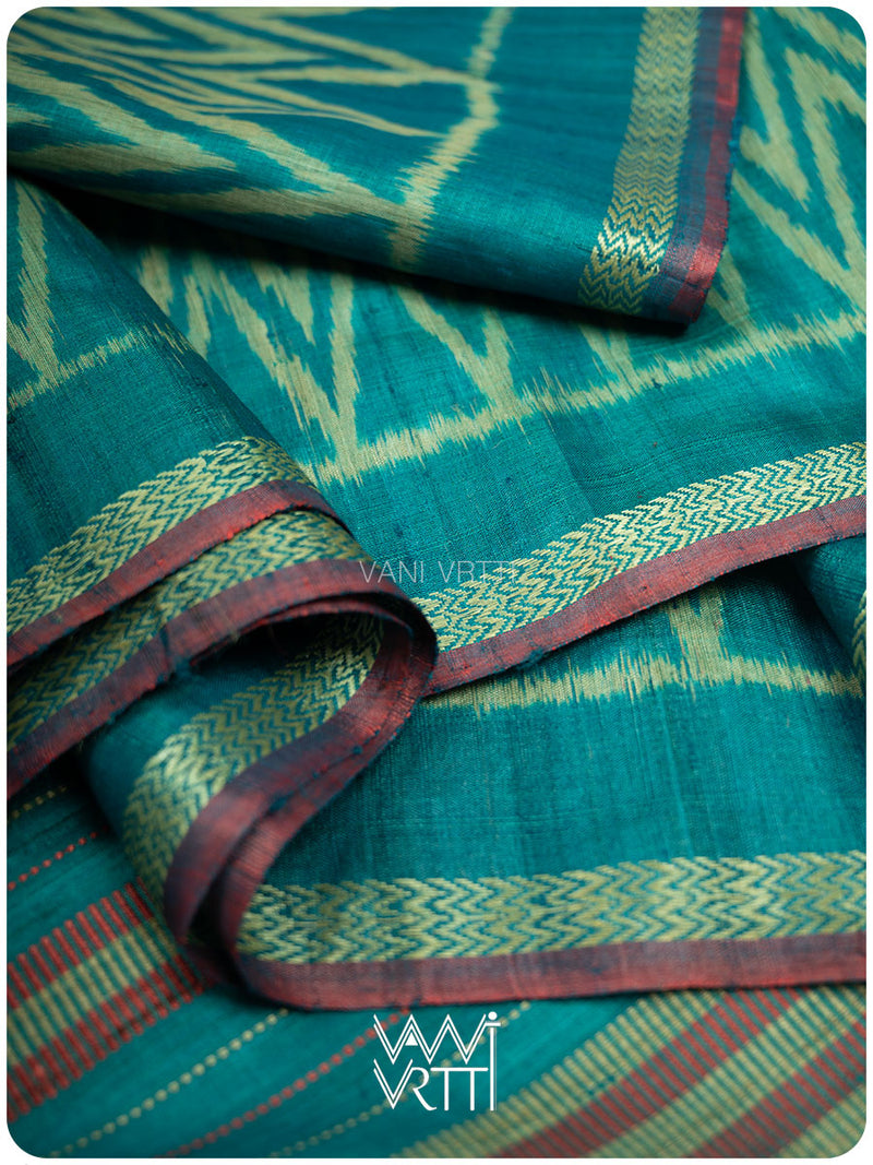 Firozi Blue Aziz Ikat Handspun Tussar Silk Saree