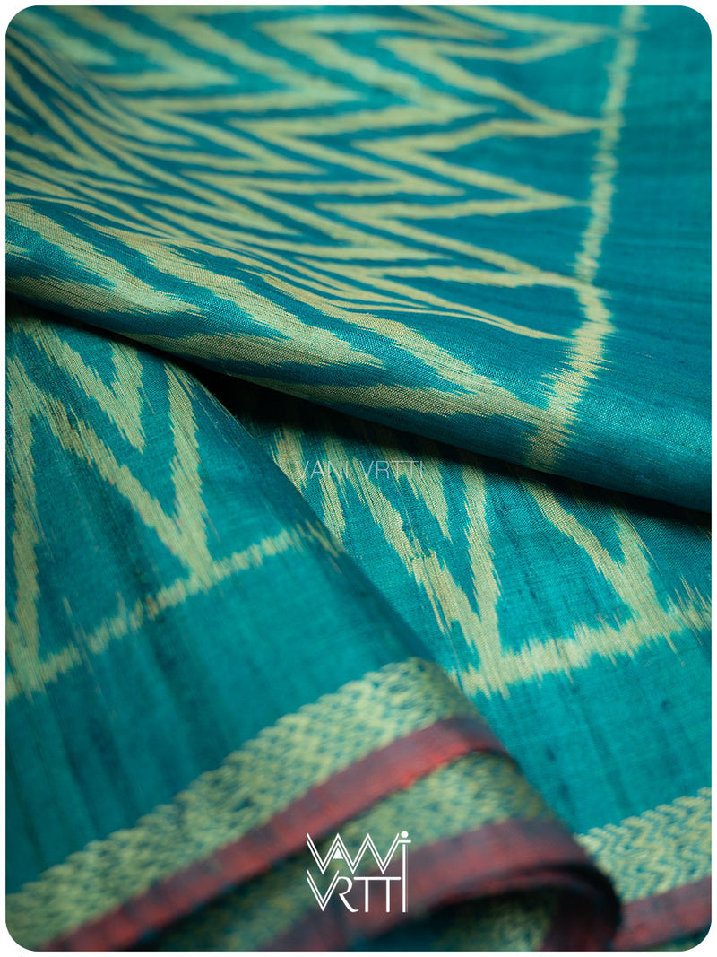Firozi Blue Aziz Ikat Handspun Tussar Silk Saree