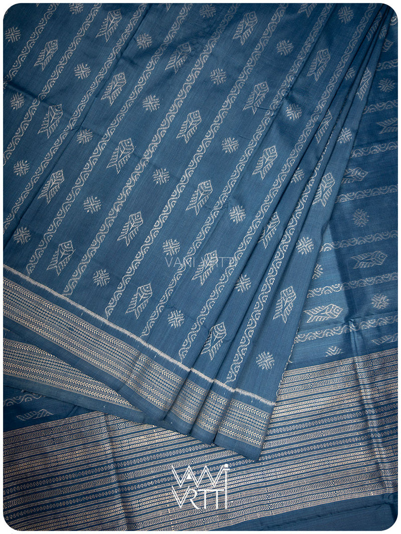 Indigo Matsya Rudraksha Bail Prakritik Natural Dyed Mulberry Silk Ikat Saree