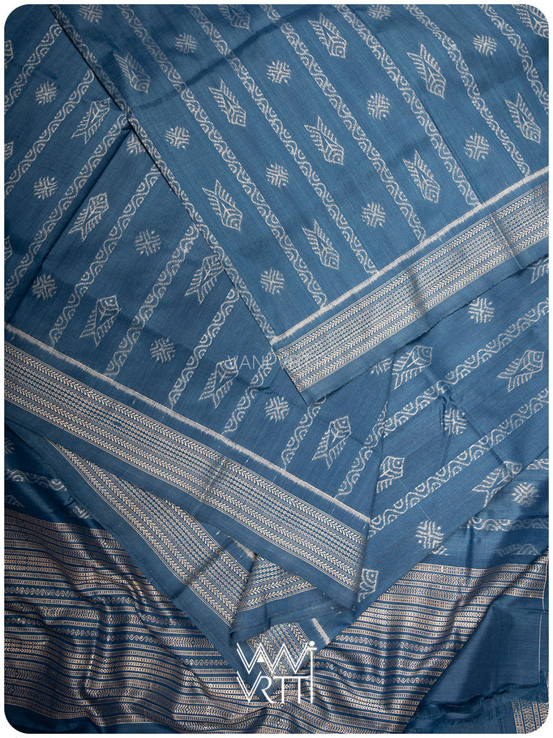 Indigo Matsya Rudraksha Bail Prakritik Natural Dyed Mulberry Silk Ikat Saree