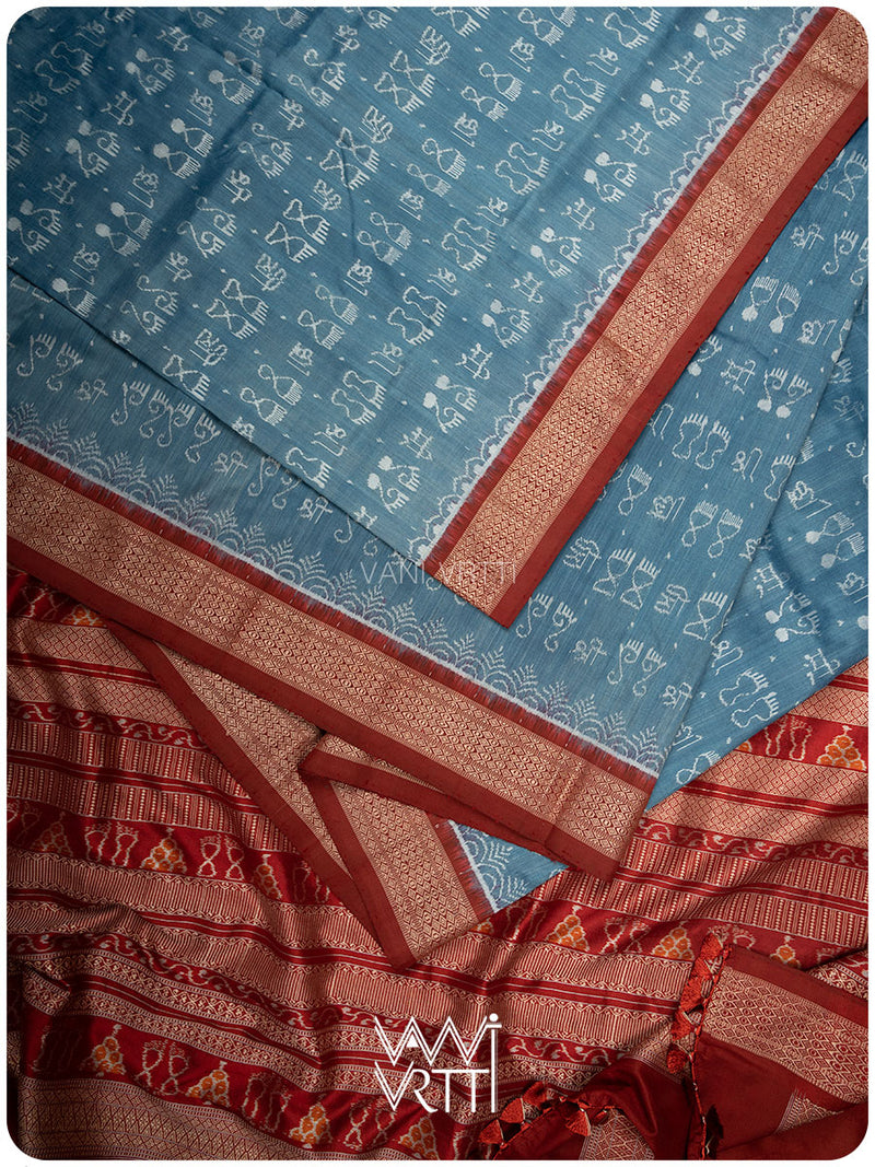 Shri Prakritik Indigo Madder Natural Dyed Mulberry Silk Ikat Saree