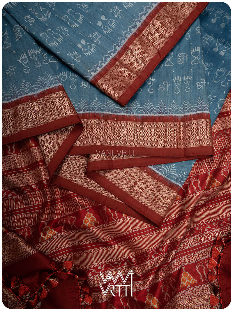 Shri Prakritik Indigo Madder Natural Dyed Mulberry Silk Ikat Saree