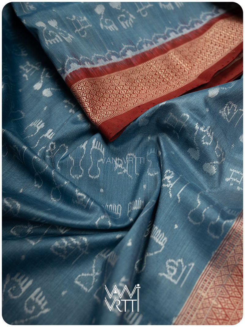 Shri Prakritik Indigo Madder Natural Dyed Mulberry Silk Ikat Saree