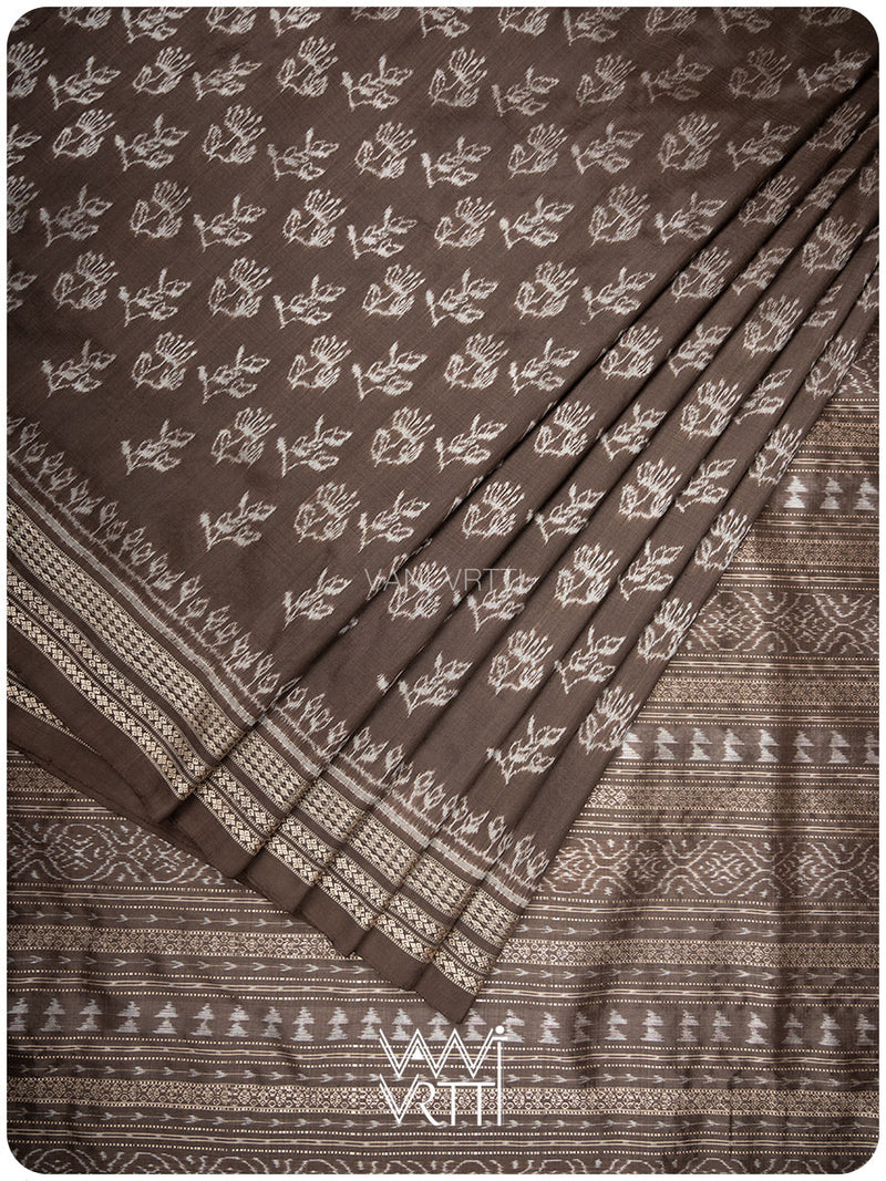 Deep Grey Wild Flower Prakritik Betel Nut Natural Dyed Mulberry Silk Ikat Saree