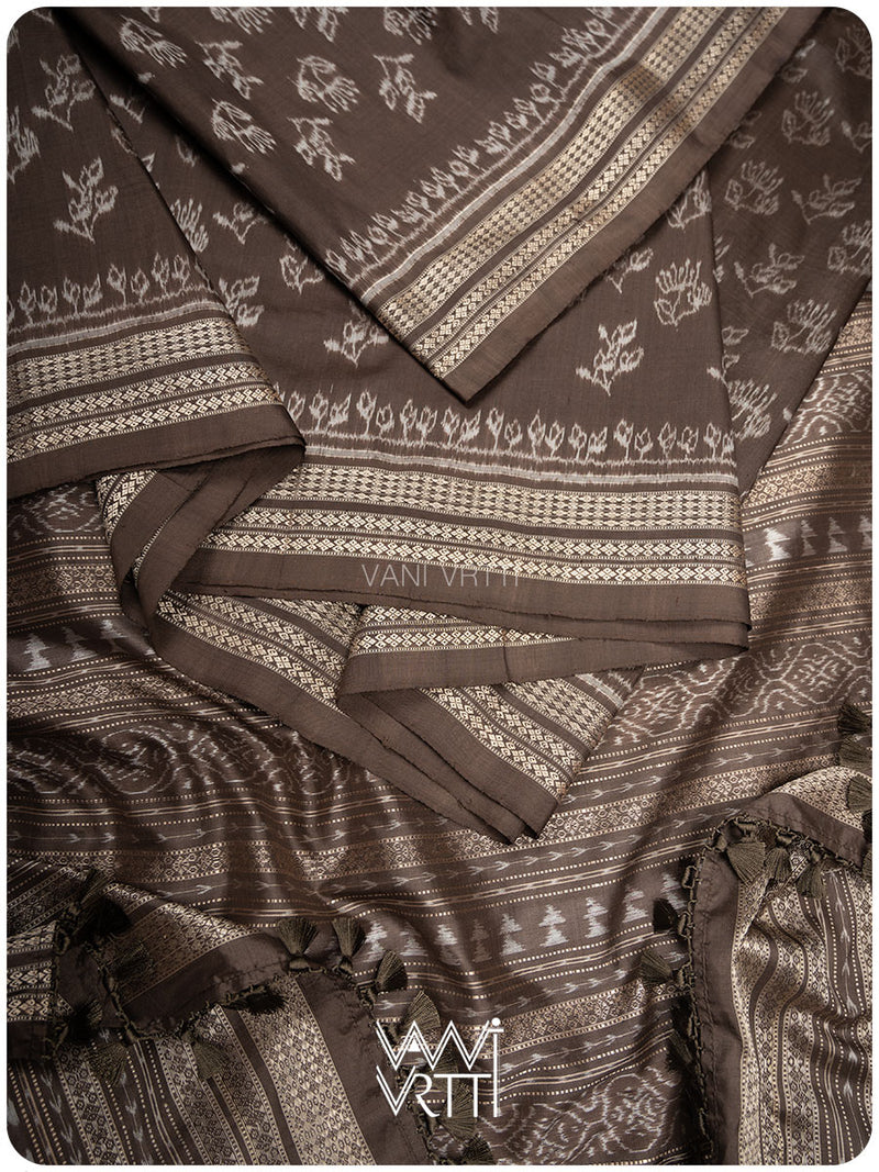 Deep Grey Wild Flower Prakritik Betel Nut Natural Dyed Mulberry Silk Ikat Saree