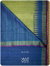 Avocado Green Slate Blue Parijat Handspun Tussar Silk Saree