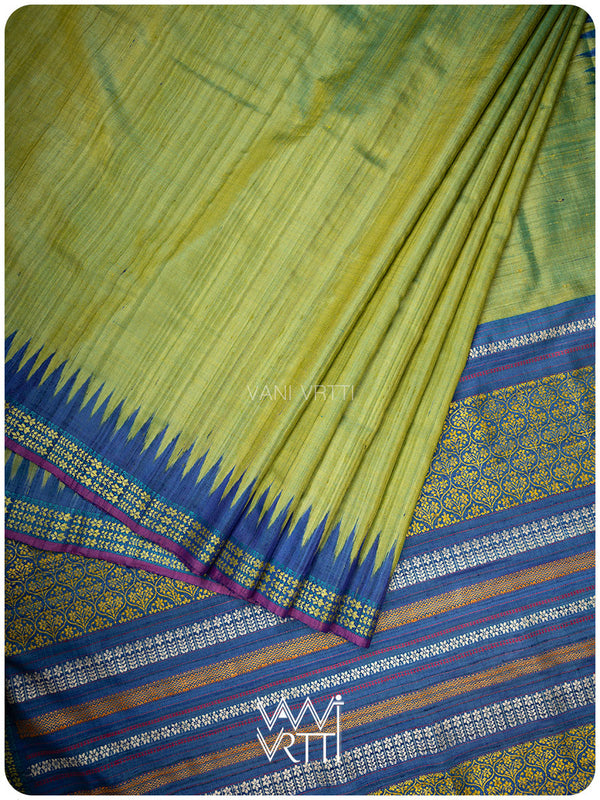 Avocado Green Slate Blue Parijat Handspun Tussar Silk Saree