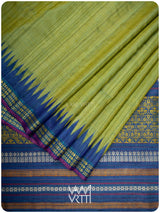 Avocado Green Slate Blue Parijat Handspun Tussar Silk Saree