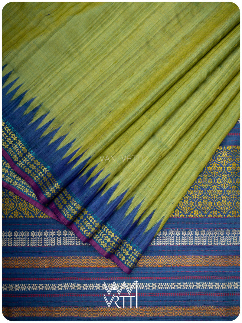 Avocado Green Slate Blue Parijat Handspun Tussar Silk Saree