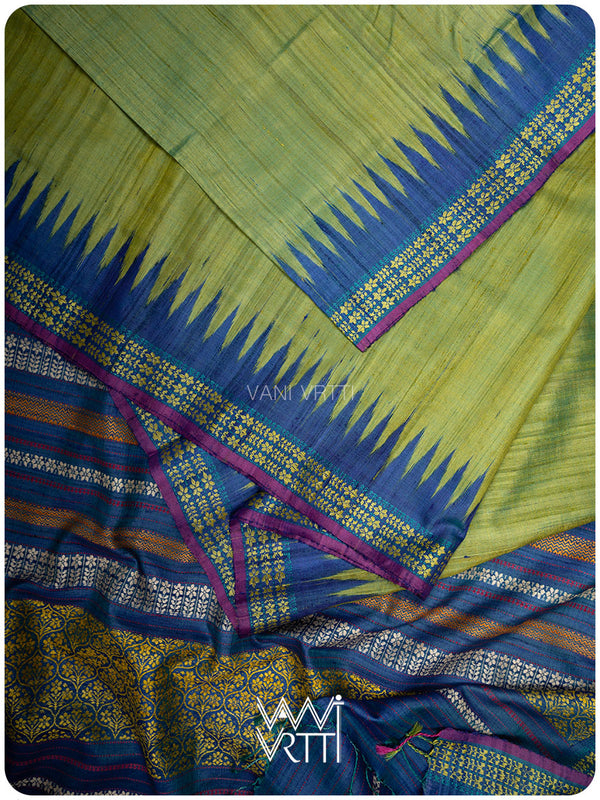 Avocado Green Slate Blue Parijat Handspun Tussar Silk Saree